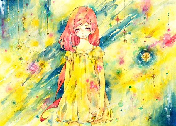 Anime picture 1278x915 with vocaloid miki (vocaloid) yuugure akane single long hair blue eyes pink hair sad traditional media watercolor (medium) girl dress star (stars)