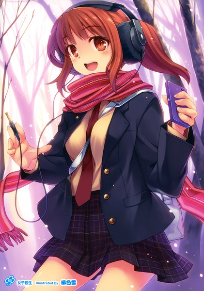 Anime picture 2528x3600 with girls, girls, girls! 11 (artbook) hiiro yuki single long hair tall image blush highres open mouth red eyes ponytail red hair scan official art girl skirt uniform plant (plants) school uniform tree (trees) necktie
