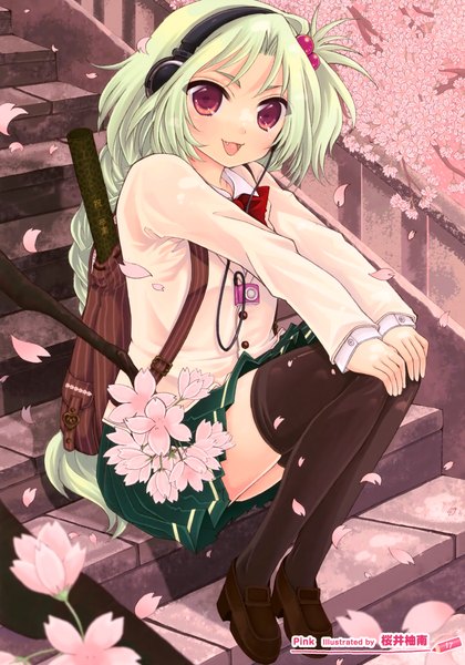 Anime picture 2448x3500 with original sakurai yuzuna (artist) long hair tall image looking at viewer highres open mouth red eyes sitting braid (braids) green hair teeth fang (fangs) cherry blossoms girl thighhighs skirt hair ornament flower (flowers) black thighhighs