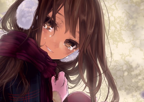 Anime picture 1500x1060 with original pisuke single long hair brown hair brown eyes tears crying girl gloves scarf