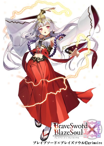 Anime picture 1000x1411 with brave sword x blaze soul gaou (umaiyo puyoman) single long hair tall image looking at viewer blush fringe open mouth simple background red eyes standing white background bare shoulders white hair long sleeves traditional clothes japanese clothes pleated skirt wide sleeves