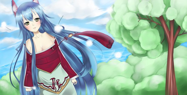 Anime picture 3333x1700 with league of legends ahri (league of legends) aoiken single long hair looking at viewer blush highres breasts wide image green eyes animal ears blue hair sky cloud (clouds) girl plant (plants) tree (trees)
