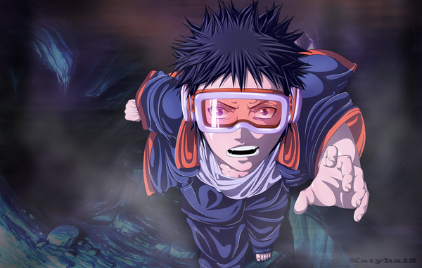 Anime picture 1900x1207 with naruto studio pierrot naruto (series) uchiha obito katyha12 single looking at viewer highres short hair open mouth black hair red eyes coloring dark background sharingan goggles