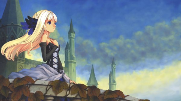 Anime picture 1920x1080 with odin sphere vanillaware gwendolyn kamitani george single long hair highres blue eyes blonde hair wide image bare shoulders sky official art hand on chest girl dress leaf (leaves) castle