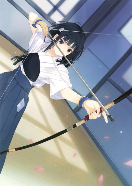 Anime picture 2493x3500 with original ruroo single long hair tall image highres black hair looking away traditional clothes japanese clothes scan official art girl weapon petals bow (weapon)