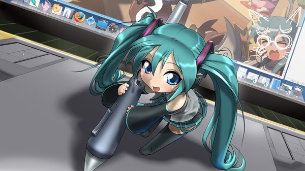 Anime picture 1920x1080 with vocaloid hatsune miku single long hair blush highres open mouth blue eyes wide image twintails aqua hair girl