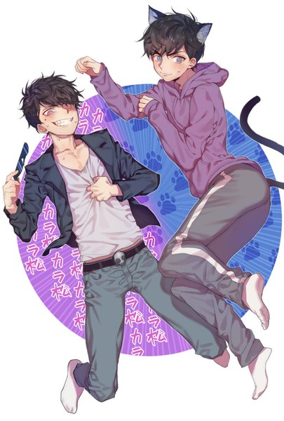 Anime picture 1181x1748 with osomatsu-san matsuno karamatsu matsuno ichimatsu zuizi tall image fringe short hair blue eyes black hair smile purple eyes animal ears full body tail animal tail cat ears hair over one eye multiple boys cat tail siblings