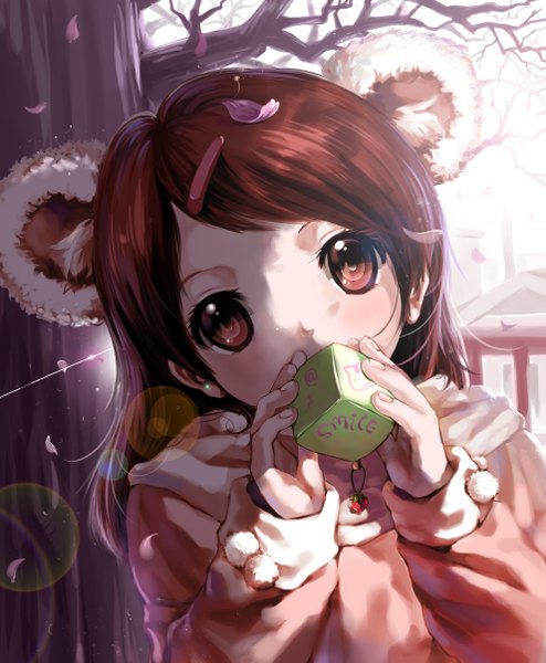 Anime picture 1984x2409 with original hmniao single long hair tall image looking at viewer highres brown hair holding brown eyes girl hair ornament plant (plants) petals tree (trees) jacket hairclip