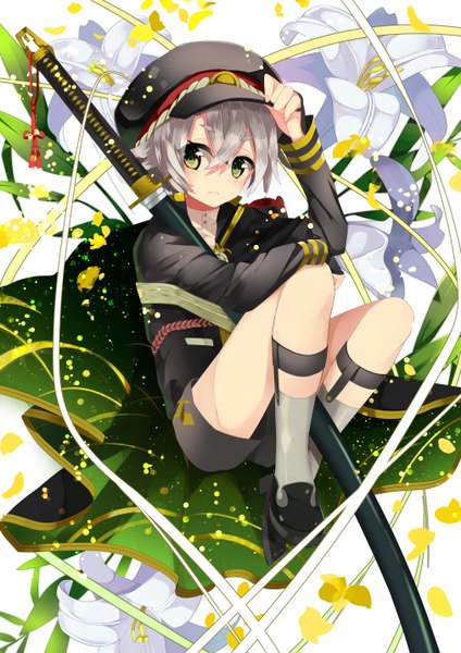 Anime picture 1012x1433 with touken ranbu nitroplus hotarumaru nekoboshi sakko single tall image blush short hair sitting green eyes looking away silver hair full body military boy uniform flower (flowers) weapon sword socks