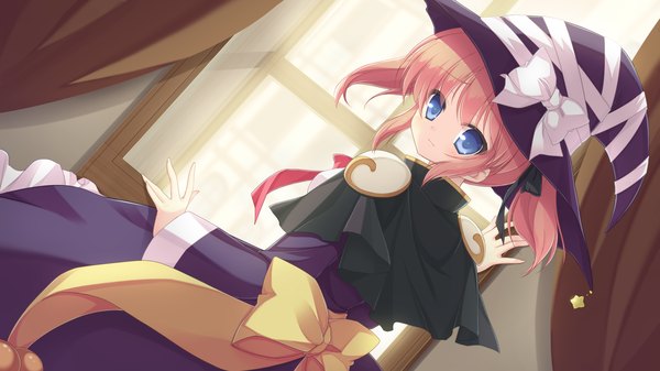 Anime picture 2560x1440 with mizu no miyako no patisserie highres short hair blue eyes wide image twintails game cg orange hair short twintails girl dress witch hat