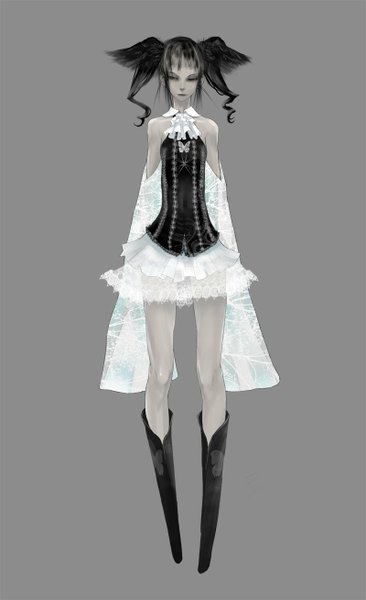 Anime picture 800x1308 with original redjuice single long hair tall image looking at viewer fringe black hair standing twintails bare shoulders long sleeves grey background wide sleeves drill hair black wings head wings girl skirt wings