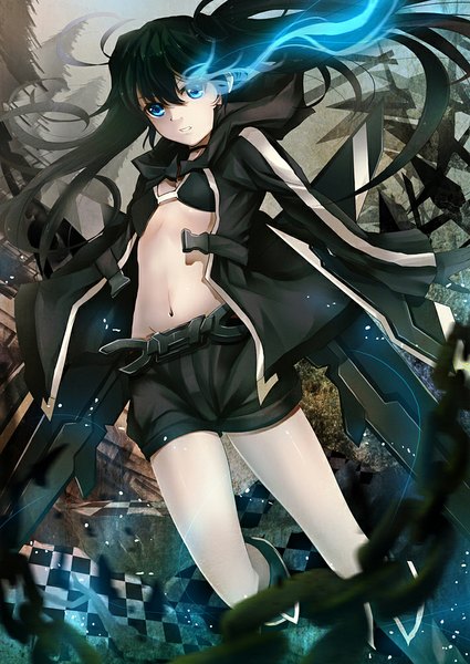 Anime picture 709x1002 with black rock shooter black rock shooter (character) sola (sola04) single long hair tall image blue eyes black hair twintails glowing glowing eye (eyes) girl navel shorts chain bikini top