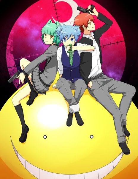 Anime picture 1706x2200 with ansatsu kyoushitsu shiota nagisa akabane karma kayano kaede koro-sensei nakamu long hair tall image looking at viewer fringe highres short hair blue eyes smile hair between eyes sitting twintails yellow eyes blue hair looking away