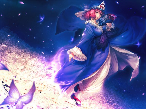 Anime picture 1600x1200 with touhou saigyouji yuyuko simosi single highres short hair breasts red eyes large breasts pink hair red hair japanese clothes pink eyes cherry blossoms girl plant (plants) hat tree (trees) insect butterfly