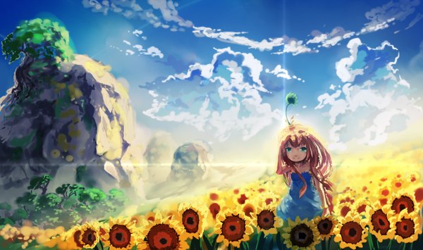 Anime picture 2500x1483 with original chibionpu single long hair looking at viewer highres brown hair wide image standing bare shoulders green eyes sky cloud (clouds) sunlight sunbeam rock girl dress flower (flowers) plant (plants)