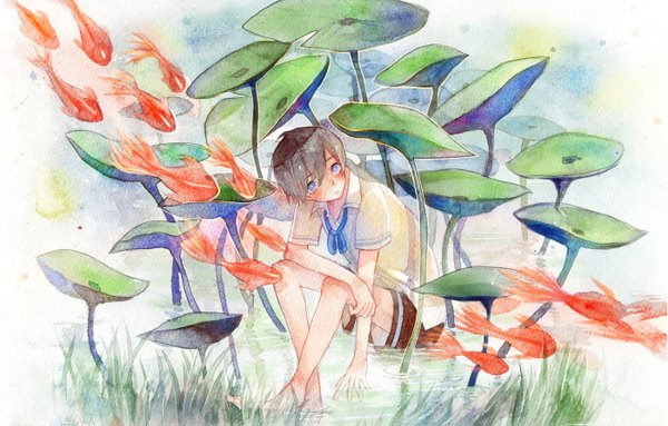 Anime picture 1400x895 with original mei (artist) single blush short hair blue eyes sitting barefoot grey hair short sleeves traditional media watercolor (medium) boy plant (plants) water shorts grass fish (fishes)