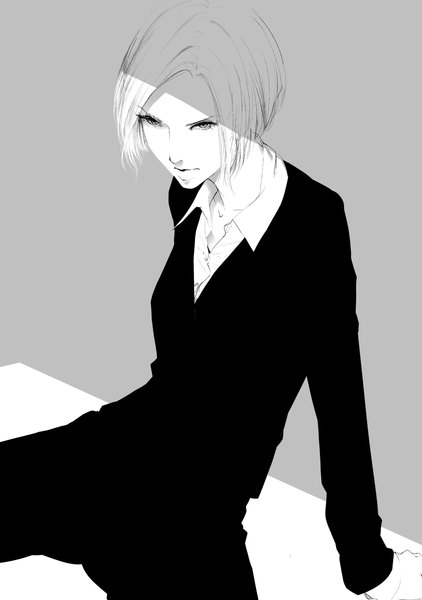 Anime picture 1000x1422 with original sousou (sousouworks) single tall image short hair open mouth sitting white hair shadow grey eyes monochrome open collar girl shirt