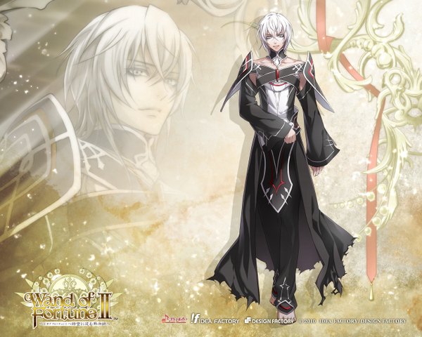 Anime picture 1280x1024 with wand of fortune 2 idea factory salo-mon (wand of fortune) single short hair white hair light smile inscription silver eyes boy detached sleeves cloak