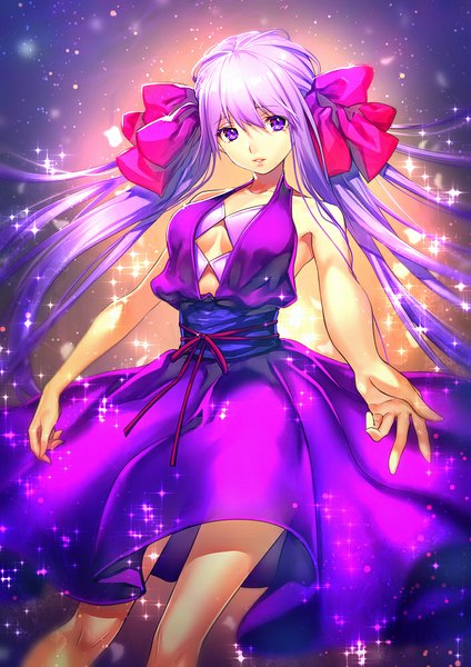 Anime picture 707x1000 with original fuji minako single tall image fringe breasts twintails purple eyes looking away purple hair very long hair parted lips lips sleeveless glow girl dress bow hair bow purple dress