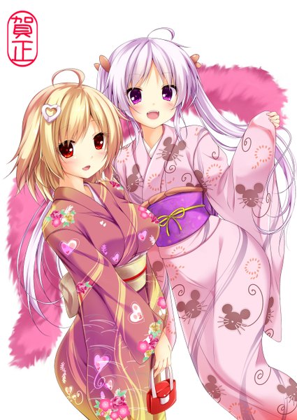 Anime picture 1000x1412 with original nironiro long hair tall image blush breasts open mouth blonde hair red eyes large breasts twintails multiple girls purple hair ahoge traditional clothes japanese clothes pink eyes wide sleeves animal print girl