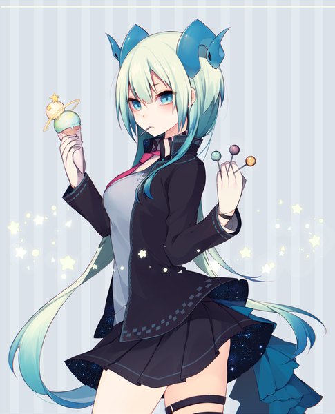 Anime picture 970x1200 with original muryotaro single long hair tall image looking at viewer blush fringe breasts hair between eyes standing holding payot pleated skirt multicolored hair horn (horns) aqua eyes aqua hair open jacket mouth hold