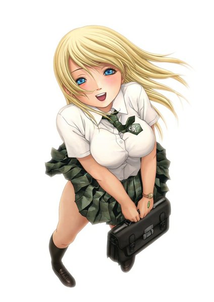 Anime picture 1000x1416 with btooom! madhouse himiko (btooom!) single long hair tall image open mouth blue eyes blonde hair simple background smile white background girl uniform school uniform socks black socks school bag