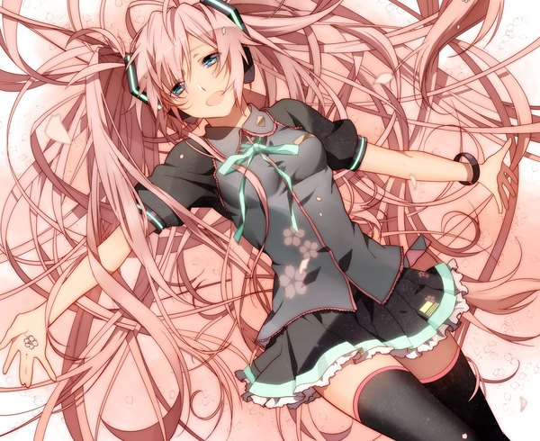 Anime picture 1319x1078 with vocaloid hatsune miku megurine luka blush blue eyes twintails pink hair very long hair zettai ryouiki cosplay girl thighhighs petals headphones