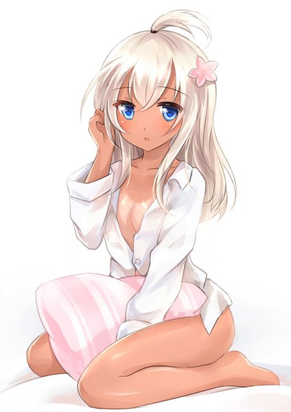 Anime picture 566x800 with kantai collection ro-500 submarine nikoo single long hair tall image looking at viewer blush fringe open mouth blue eyes light erotic simple background hair between eyes white background sitting bent knee (knees) white hair ponytail barefoot