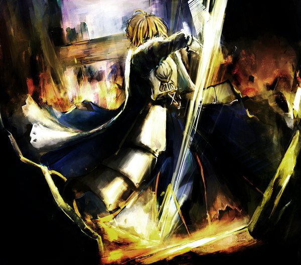 Anime picture 1926x1701 with fate (series) fate/stay night studio deen type-moon artoria pendragon (all) saber d.p single fringe highres blonde hair green eyes broken girl dress gloves weapon sword armor