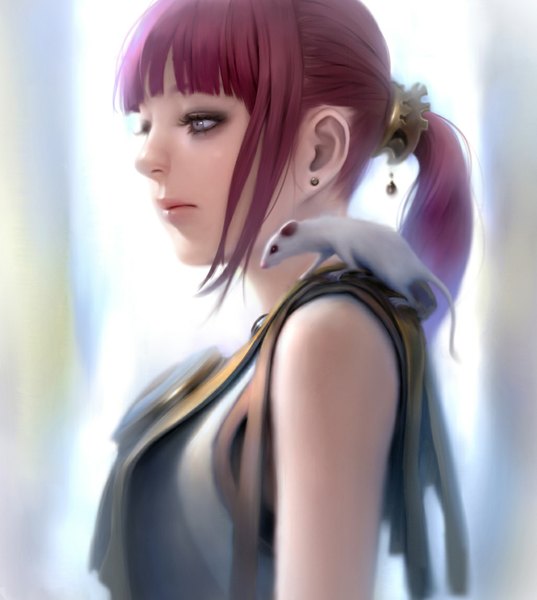 Anime picture 1028x1149 with original mujiha (mlog) single long hair tall image fringe pink hair ponytail realistic grey eyes eyeshadow girl hair ornament earrings animal jewelry blouse mouse