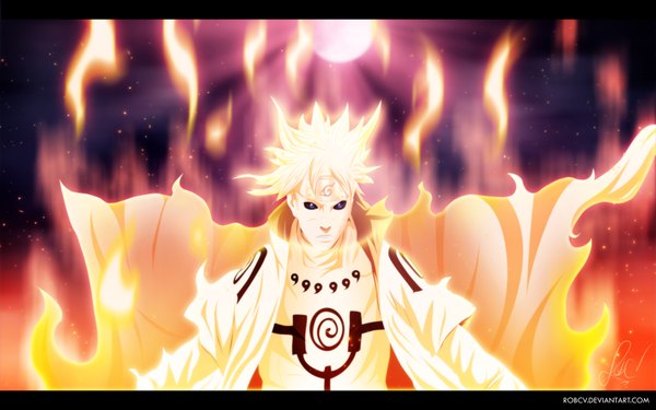 Anime picture 3983x2496 with naruto studio pierrot naruto (series) namikaze minato robcv single highres short hair blue eyes blonde hair wide image absurdres night night sky coloring magic hokage boy moon star (stars)