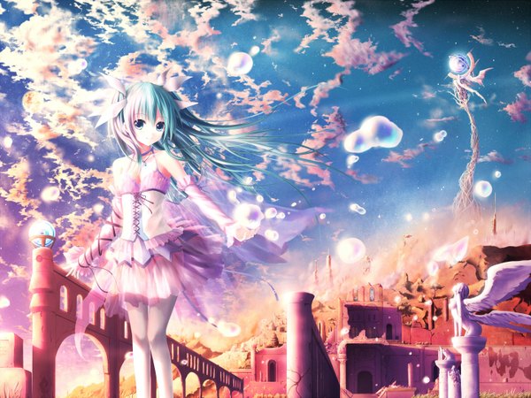 Anime picture 1440x1080 with vocaloid hatsune miku akkijin single long hair twintails sky cloud (clouds) aqua eyes aqua hair girl thighhighs dress detached sleeves white thighhighs castle statue