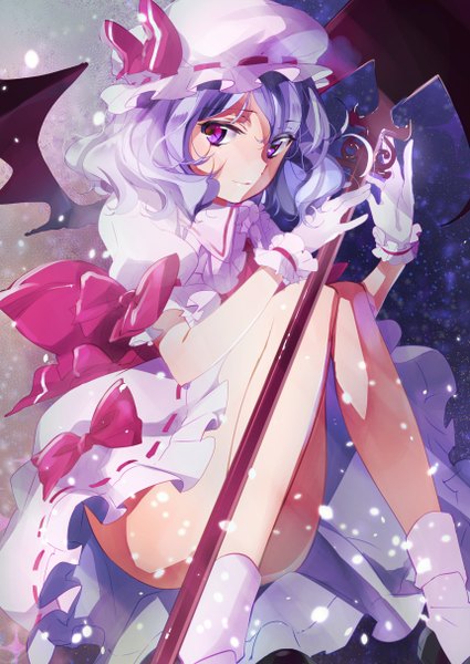 Anime picture 860x1214 with touhou remilia scarlet ancomomomo single tall image looking at viewer short hair purple eyes silver hair girl dress gloves weapon wings bonnet
