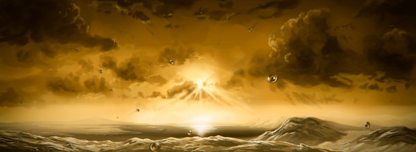 Anime picture 1711x630 with original justinas vitkus wide image sky cloud (clouds) evening sunset horizon landscape bubble (bubbles) sun
