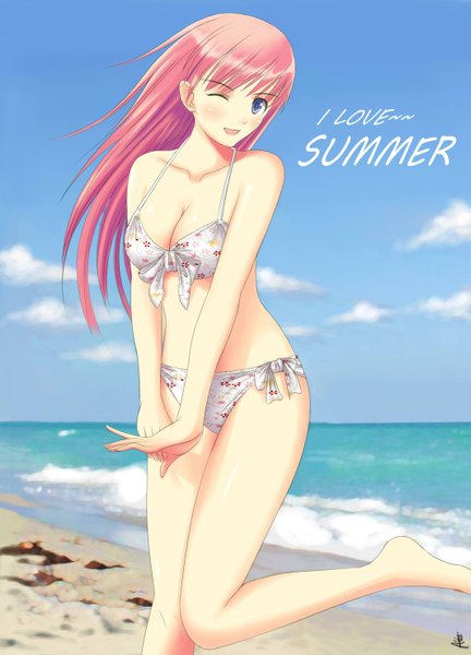 Anime picture 2125x2952 with original xiao lian single long hair tall image highres breasts blue eyes light erotic signed pink hair one eye closed wink beach girl swimsuit bikini floral print bikini