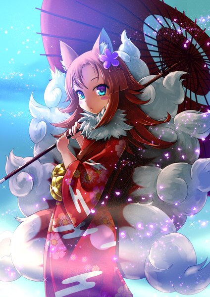 Anime picture 1446x2046 with original tayashitsu single long hair tall image looking at viewer blush blue eyes animal ears tail traditional clothes japanese clothes animal tail orange hair fox ears fox tail fox girl multiple tails girl hair ornament