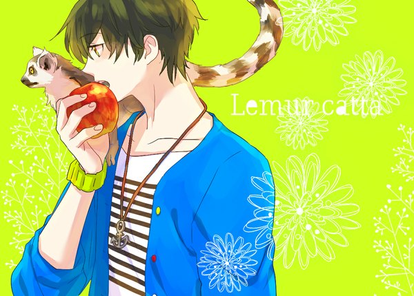 Anime picture 1142x819 with original zoff (daria) short hair open mouth brown hair profile inscription striped eating green background animal on shoulder boy flower (flowers) animal pendant clock apple pocket watch anchor lemur