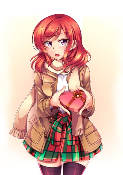 Anime picture 921x1303 with love live! school idol project sunrise (studio) love live! nishikino maki windart single long hair tall image looking at viewer blush open mouth purple eyes red hair valentine girl thighhighs dress skirt black thighhighs jacket