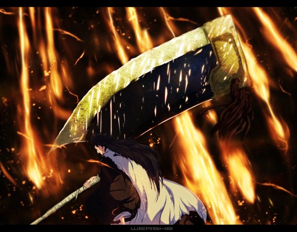 Anime picture 2800x2190 with bleach studio pierrot zaraki kenpachi wershe single long hair highres black hair eyes closed traditional clothes japanese clothes profile coloring boy weapon kimono fire huge weapon huge sword