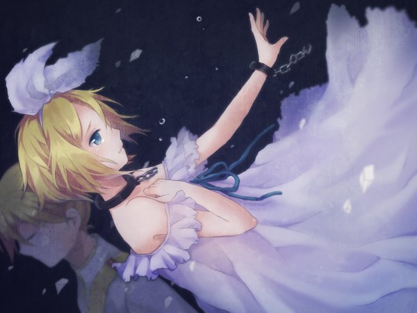 Anime picture 1600x1200 with vocaloid kagamine rin kagamine len chizu (sweet*cheese) short hair blue eyes blonde hair bare shoulders crying girl dress boy bow hair bow petals white dress chain collar