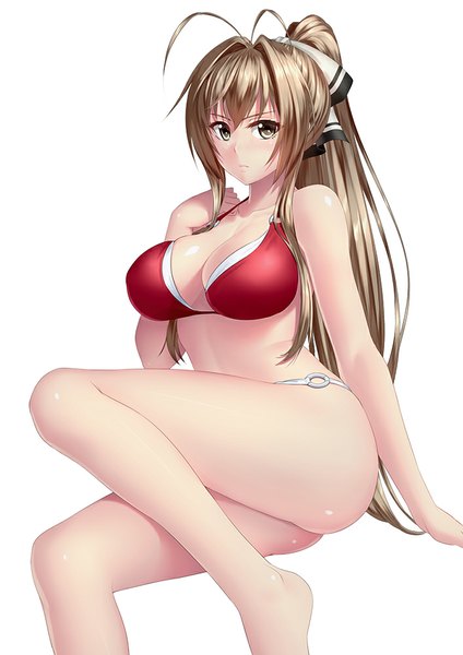 Anime picture 707x1000 with amagi brilliant park kyoto animation sento isuzu kai (link2262) single long hair tall image looking at viewer breasts light erotic simple background brown hair large breasts white background brown eyes ponytail bare legs girl swimsuit bikini