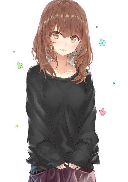 Anime picture 810x1146 with original hakuishi aoi single long hair tall image looking at viewer blush fringe simple background hair between eyes brown hair standing white background brown eyes upper body long sleeves nail polish lips lipstick sleeves past wrists