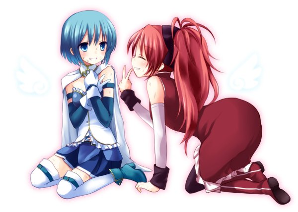 Anime picture 1263x901 with mahou shoujo madoka magica shaft (studio) sakura kyouko miki sayaka fummy long hair blush short hair blue eyes simple background white background multiple girls blue hair ponytail red hair girl dress skirt 2 girls detached sleeves