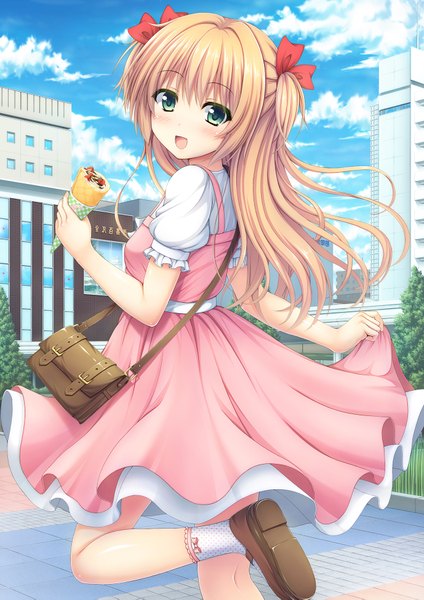 Anime picture 1378x1949 with original nakamura sumikage single long hair tall image looking at viewer blush open mouth blue eyes blonde hair sky cloud (clouds) girl dress bow hair bow socks white socks bag