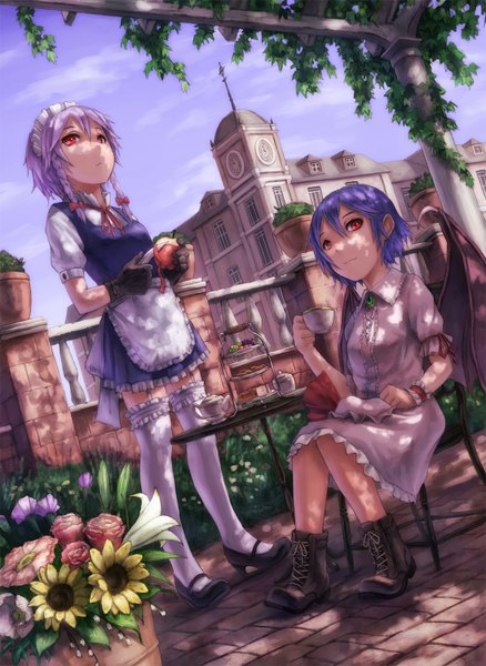 Anime picture 1096x1500 with touhou remilia scarlet izayoi sakuya kurione (zassou) tall image short hair red eyes standing sitting multiple girls purple hair outdoors braid (braids) dutch angle looking up bat wings hat removed girl thighhighs gloves