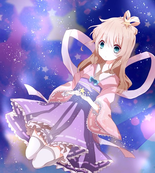 Anime picture 1030x1150 with original mafuyu (chibi21) mahuyu single long hair tall image looking at viewer blue eyes blonde hair long sleeves sparkle girl thighhighs dress hair ornament bow ribbon (ribbons) white thighhighs hairclip star (symbol)
