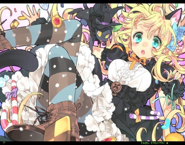 Anime picture 1600x1260 with original toujou sakana long hair blush open mouth blonde hair green eyes animal ears cat ears halloween girl dress bow hair bow animal food boots frills sweets cat