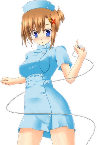 Anime picture 1349x2000 with mahou shoujo lyrical nanoha yagami hayate lask single tall image blush short hair blue eyes simple background brown hair white background nurse girl hair ornament hairclip x hair ornament nurse cap stethoscope