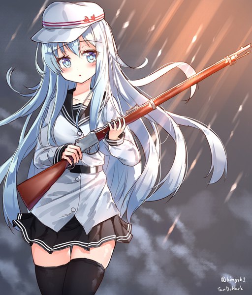 Anime picture 1500x1759 with kantai collection original hibiki destroyer verniy destroyer tandohark single long hair tall image looking at viewer blush fringe blue eyes simple background hair between eyes holding signed silver hair long sleeves parted lips pleated skirt