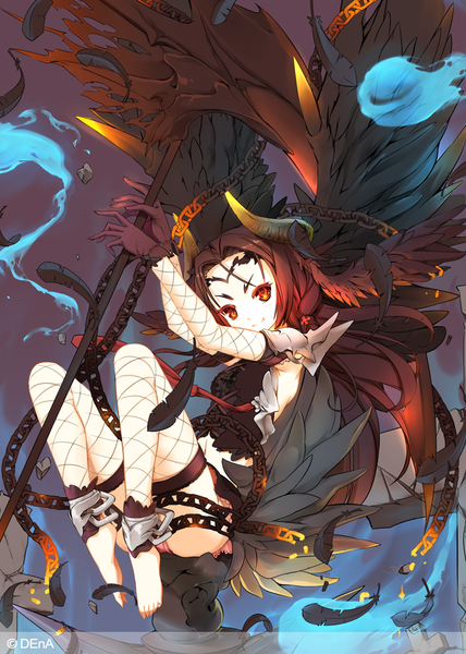 Anime picture 720x1008 with original blvefo9 long hair tall image red eyes brown hair horn (horns) girl dress gloves weapon wings chain feather (feathers) scythe